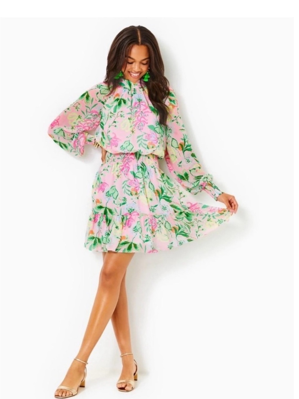 Lilly Pulitzer Floral Pink & Green Long-Sleeve  Dress